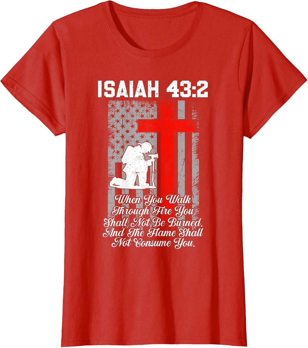 Patriotic American US Flag Firefighter Cross Christian T-Shirt - Red