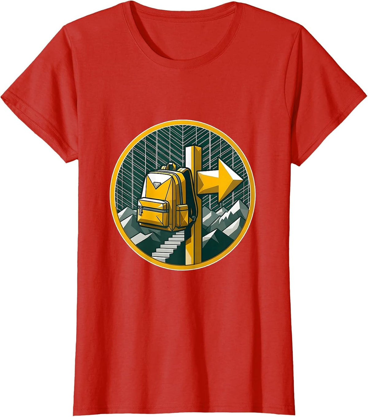 Hiking Backpack Trail Signpost Illustration T-Shirt - Red