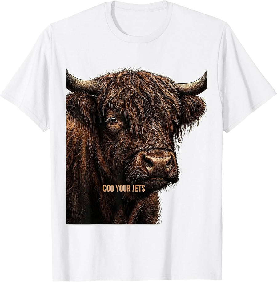 Men's Coo Your Jets Funny Highland Cow Humor Scottish Cow Lover T-Shirt - White