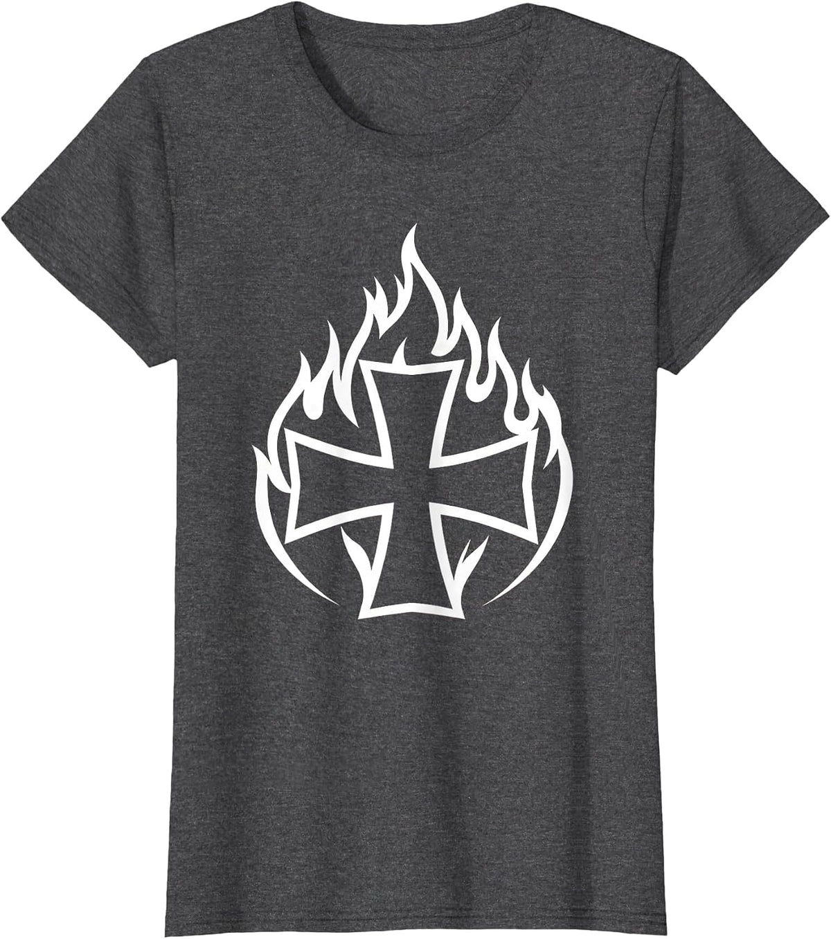 Women's Firefighter Maltese Cross Flames Badge Graphic T-Shirt - Dark Heather Grey