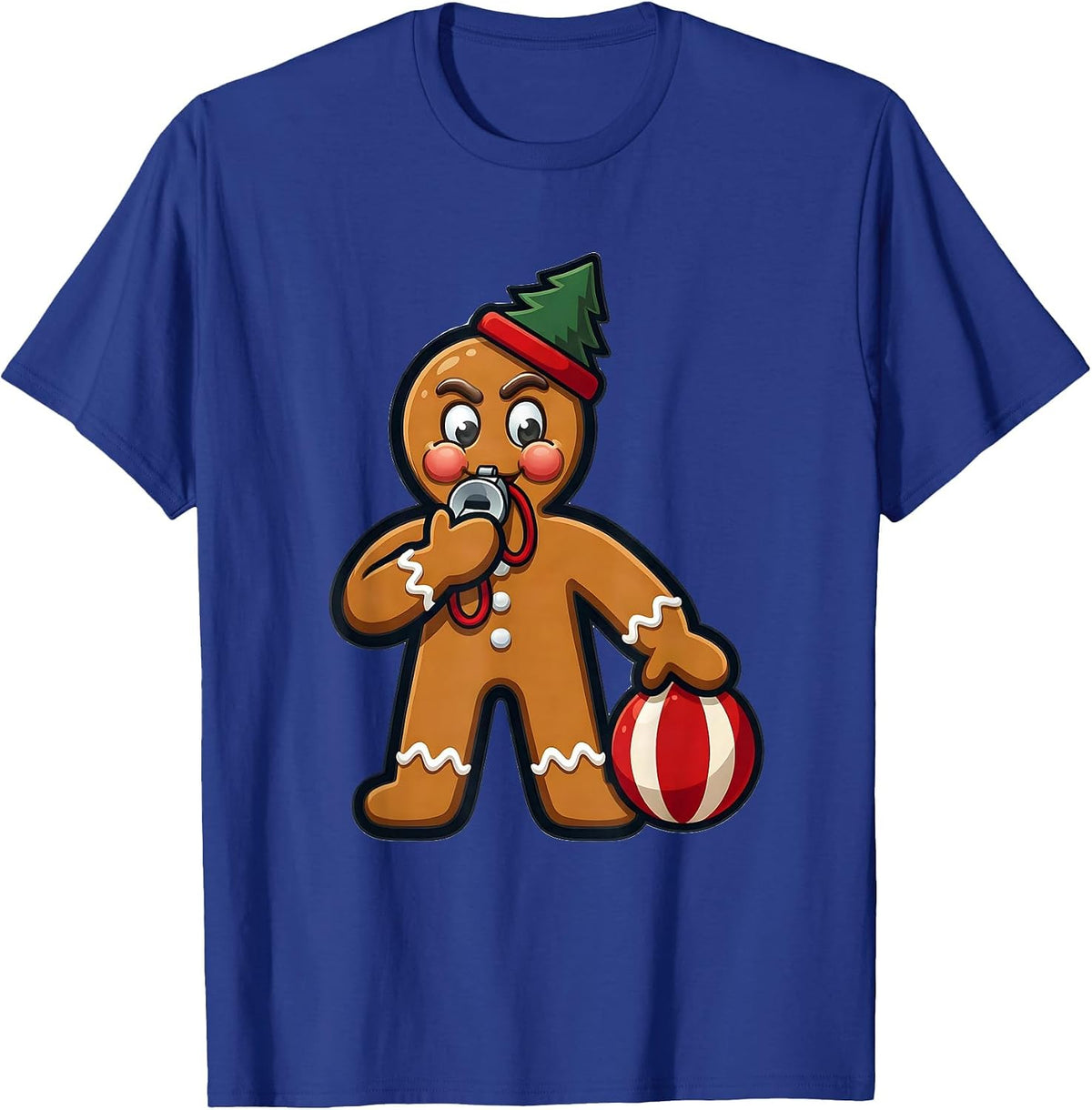 Gingerbread PE Teacher Mascot Cheerful Festive Holiday T-Shirt - Royal Blue