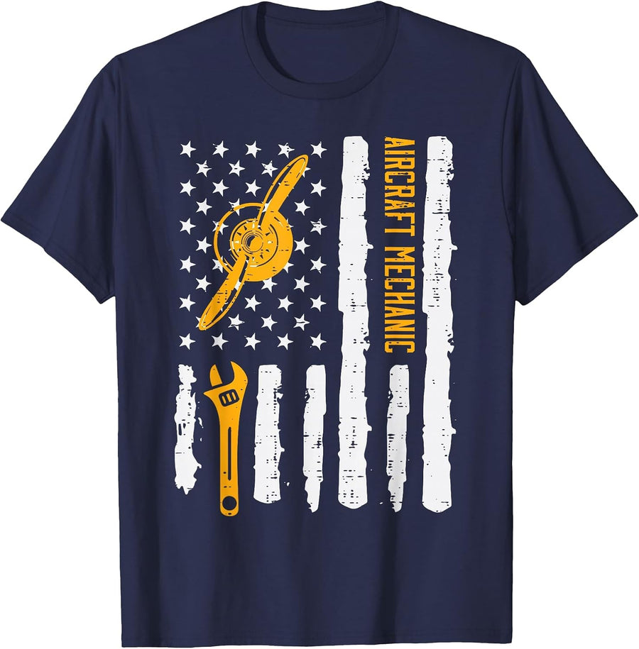 Aircraft Mechanic US Flag 4th of July Patriot Men Women Kids T-Shirt - Navy Blue