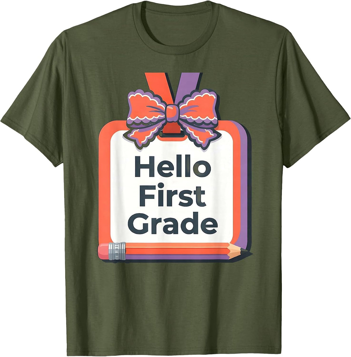 Hello First Grade Cute Coquette Bow Back To School Pencil T-Shirt - Olive Green