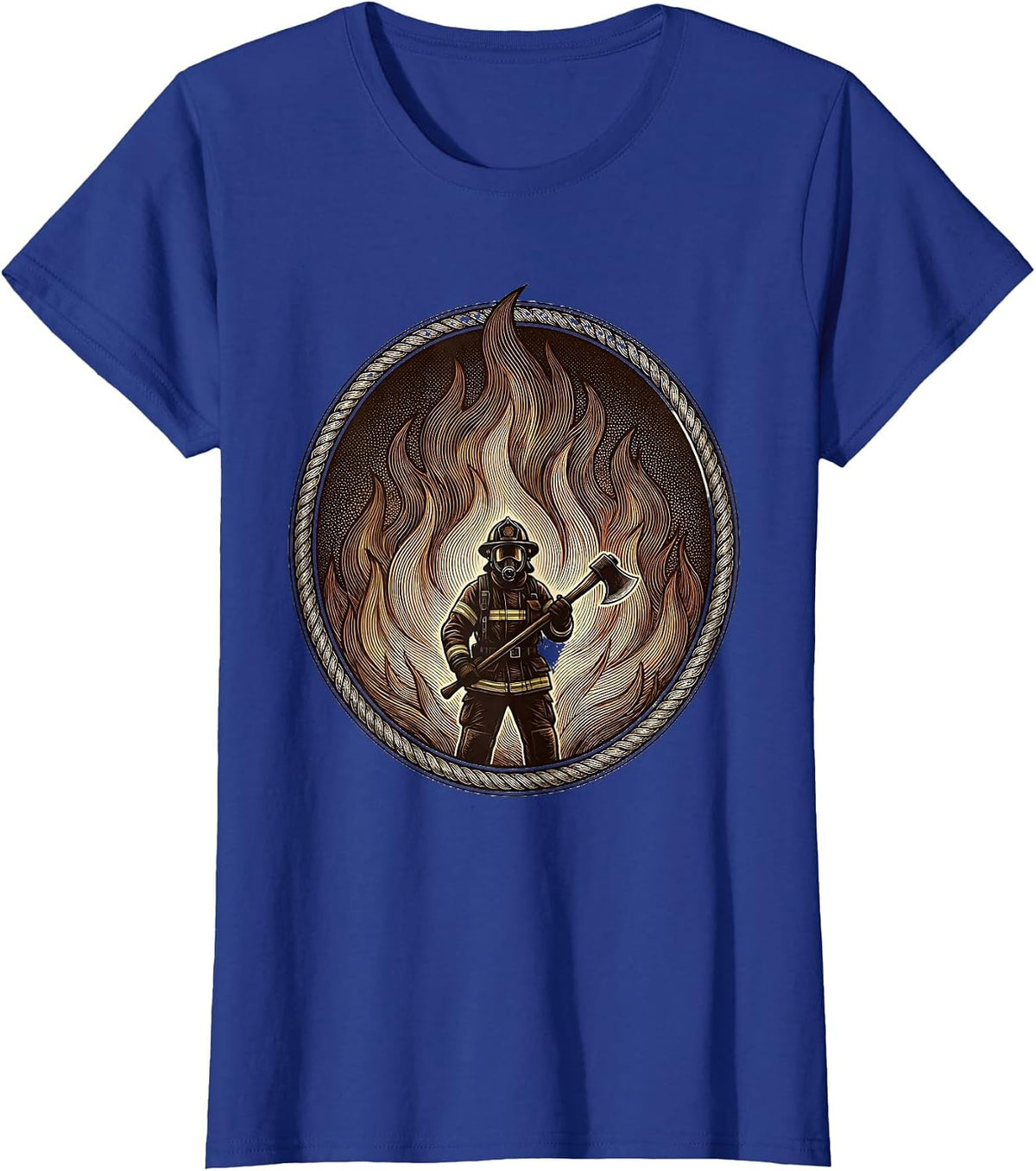Women's Firefighter Silhouette Against Wall of Flames T-Shirt - Royal Blue