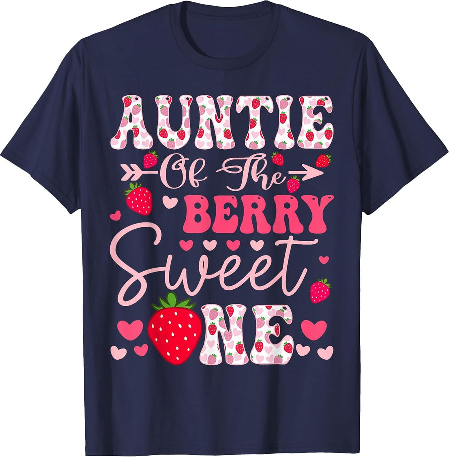 Auntie of The Berry Sweet One Strawberry 1St Birthday T-Shirt - Navy Blue
