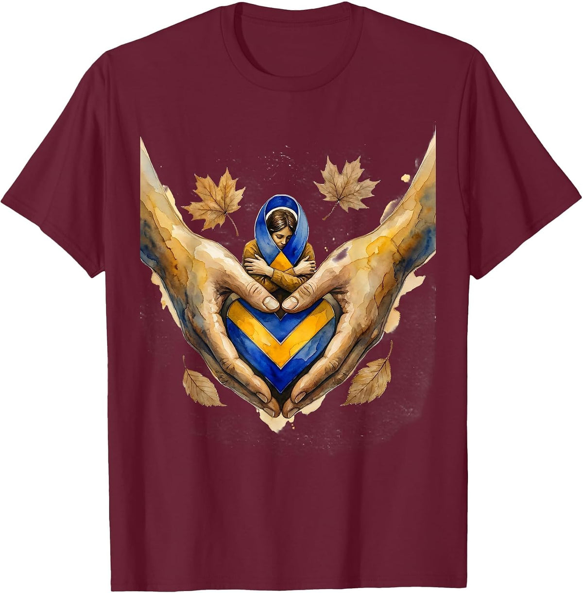 Men's Down Syndrome Support Embrace Watercolor October Awareness T-Shirt - Burgundy