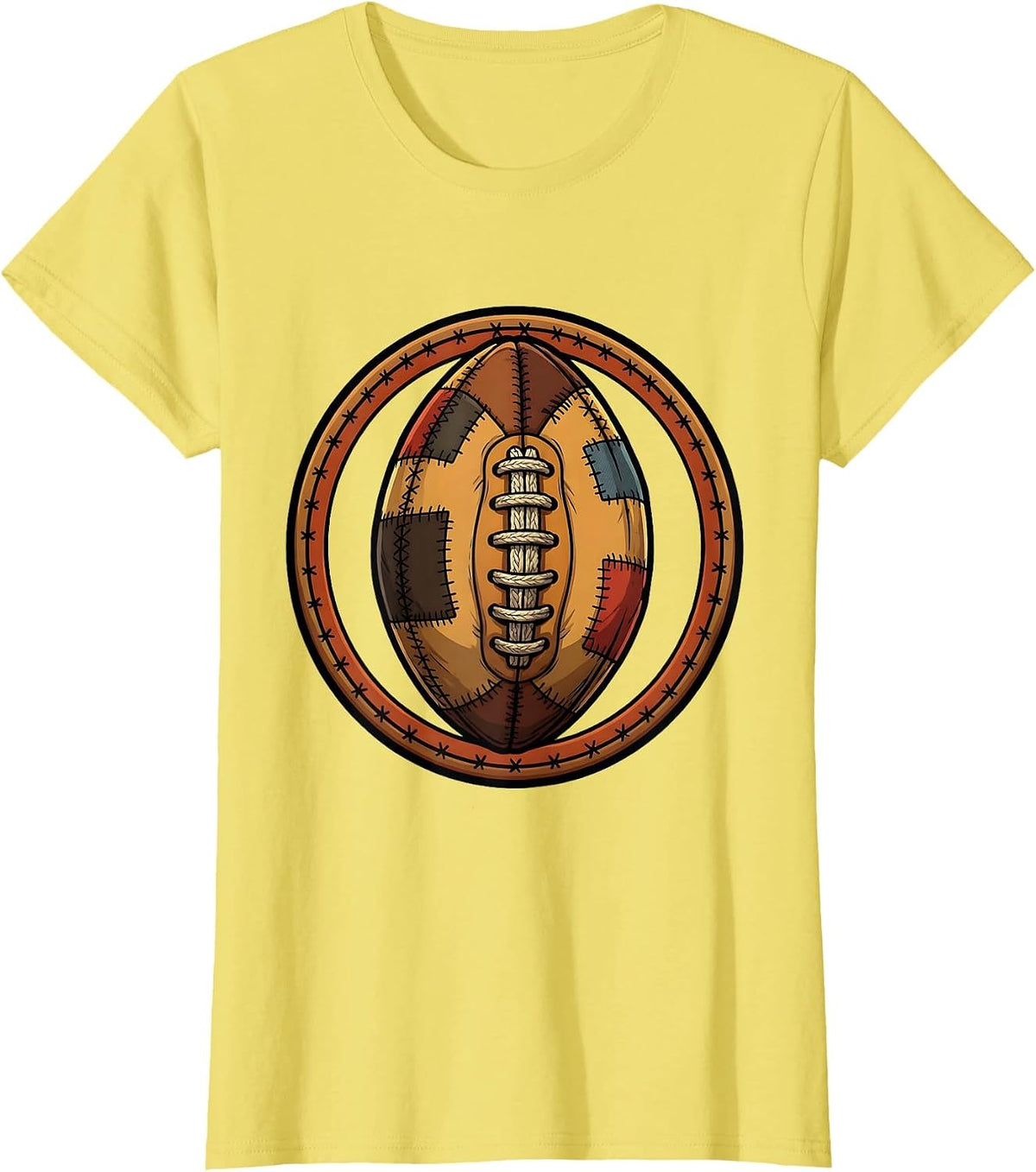 Worn and Patched Rugby Ball Graphic Design T-Shirt - Lemon Yellow