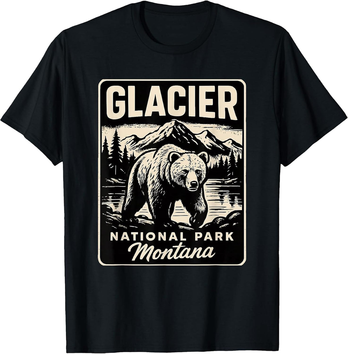 Vintage Style Glacier National Park Montana Grizzly Bear T-Shirt - Black