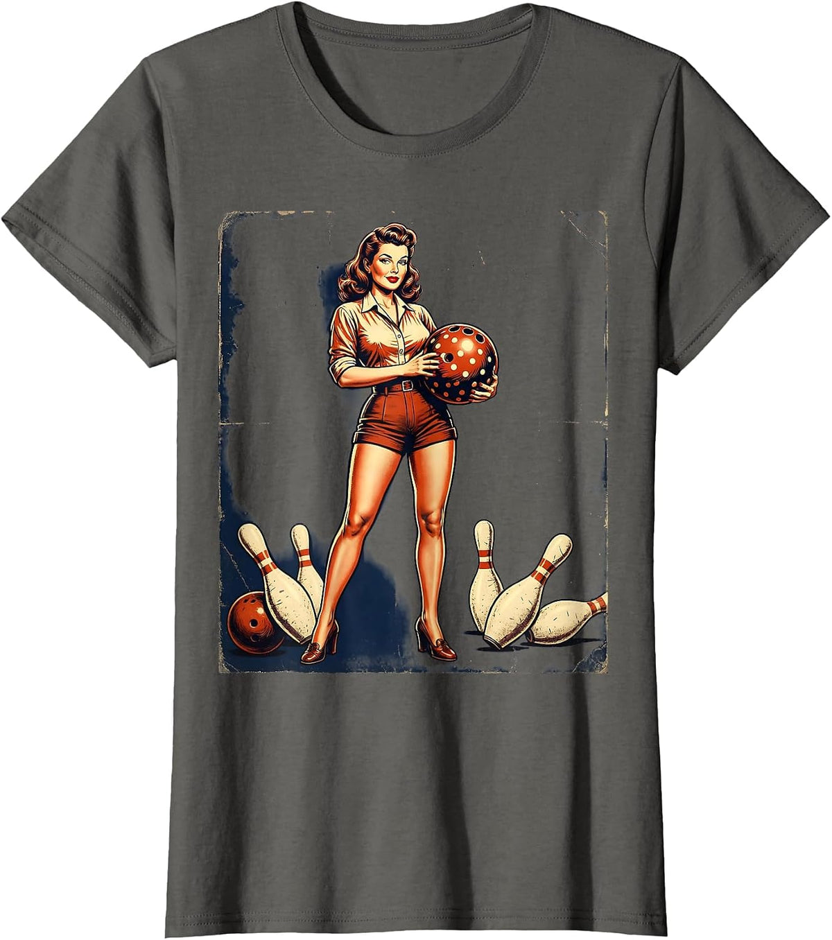 Women's Vintage Pin-Up Bowling Illustration Graphic Tee T-Shirt - Asphalt Grey