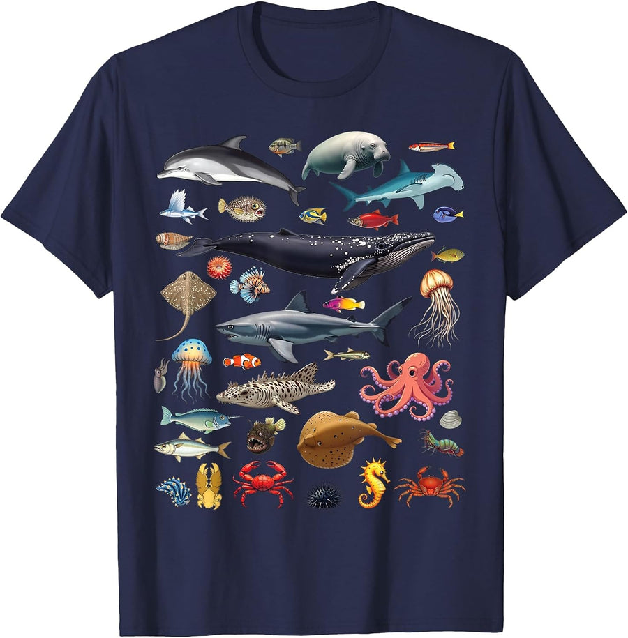 Ocean Creatures Ocean Life Exploration Sea Animals Wildlife T-Shirt - Navy Blue