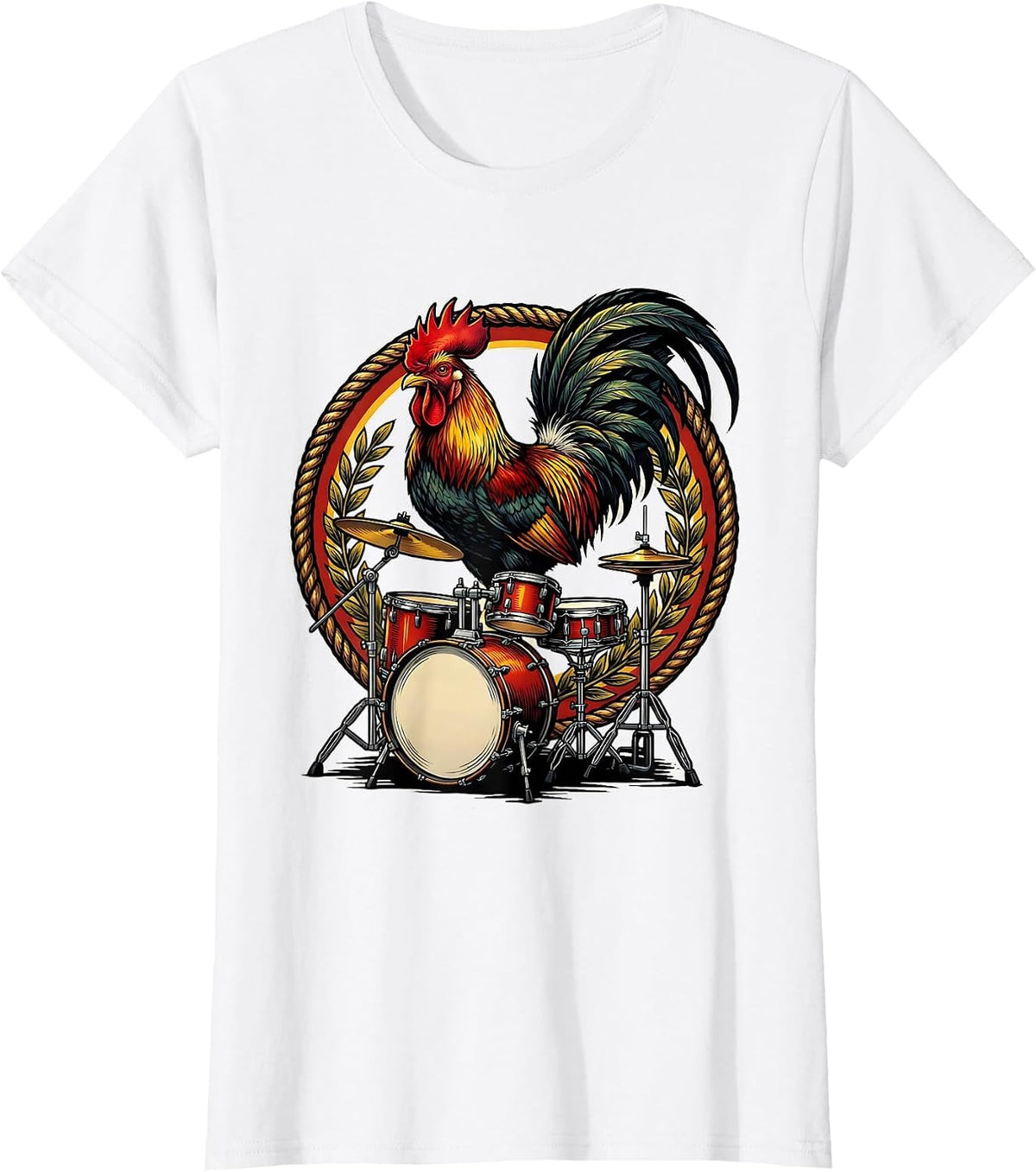 Rooster on a Drum Kit Funny Musician Graphic T-Shirt - White