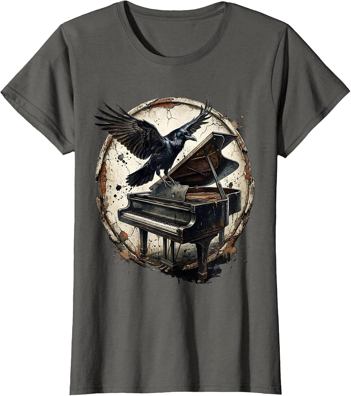 Women's Raven on Grand Piano Gothic Music Art T-Shirt - Asphalt Grey
