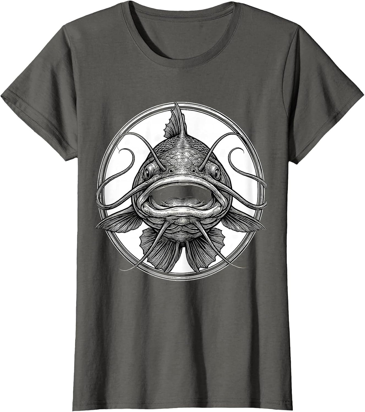Women's Catfish Face Forward Fishing Graphic Design T-Shirt - Asphalt Grey