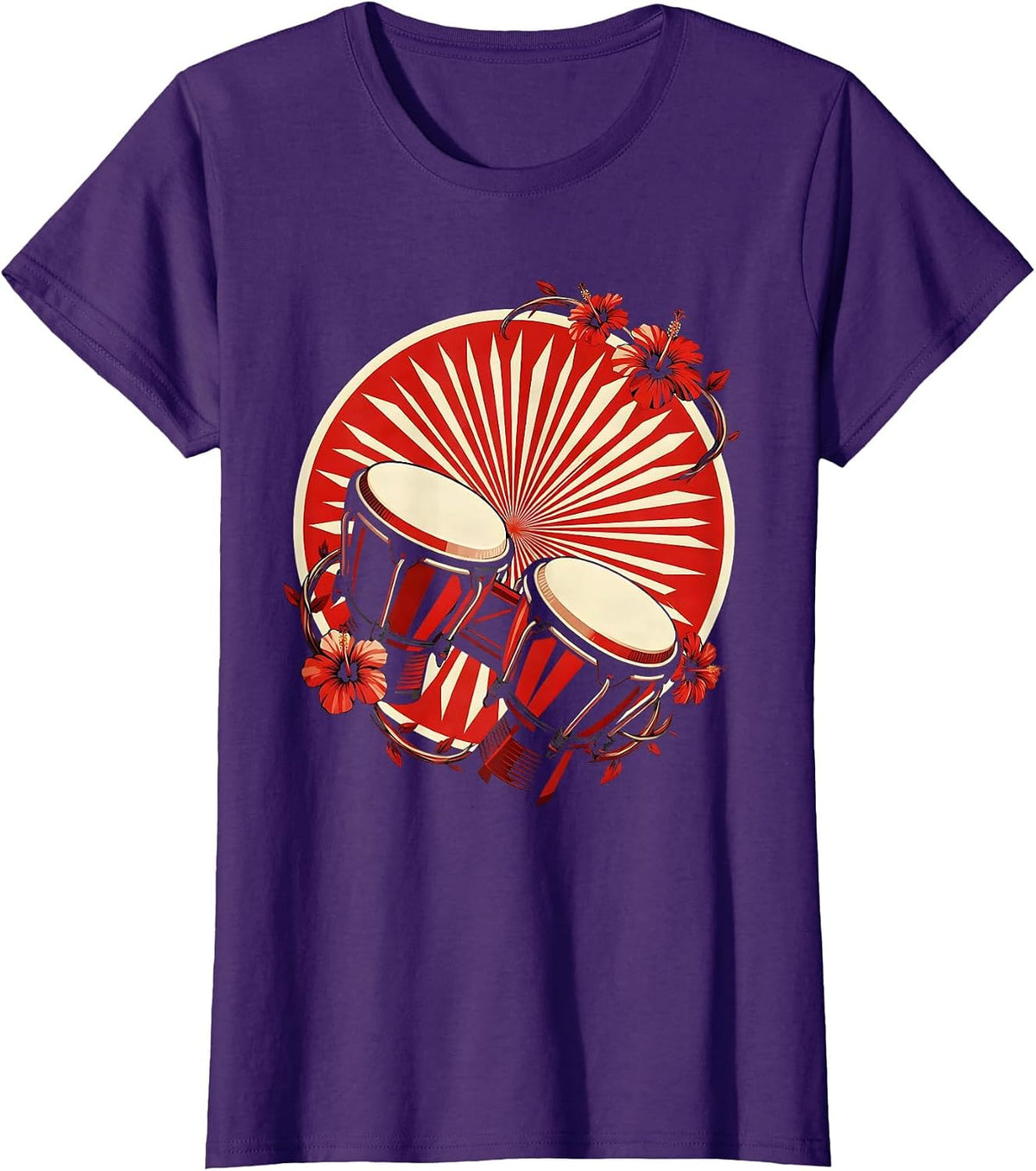 Women's Cuba Bongo Drums Tropical Hibiscus Floral Art T-Shirt - Purple
