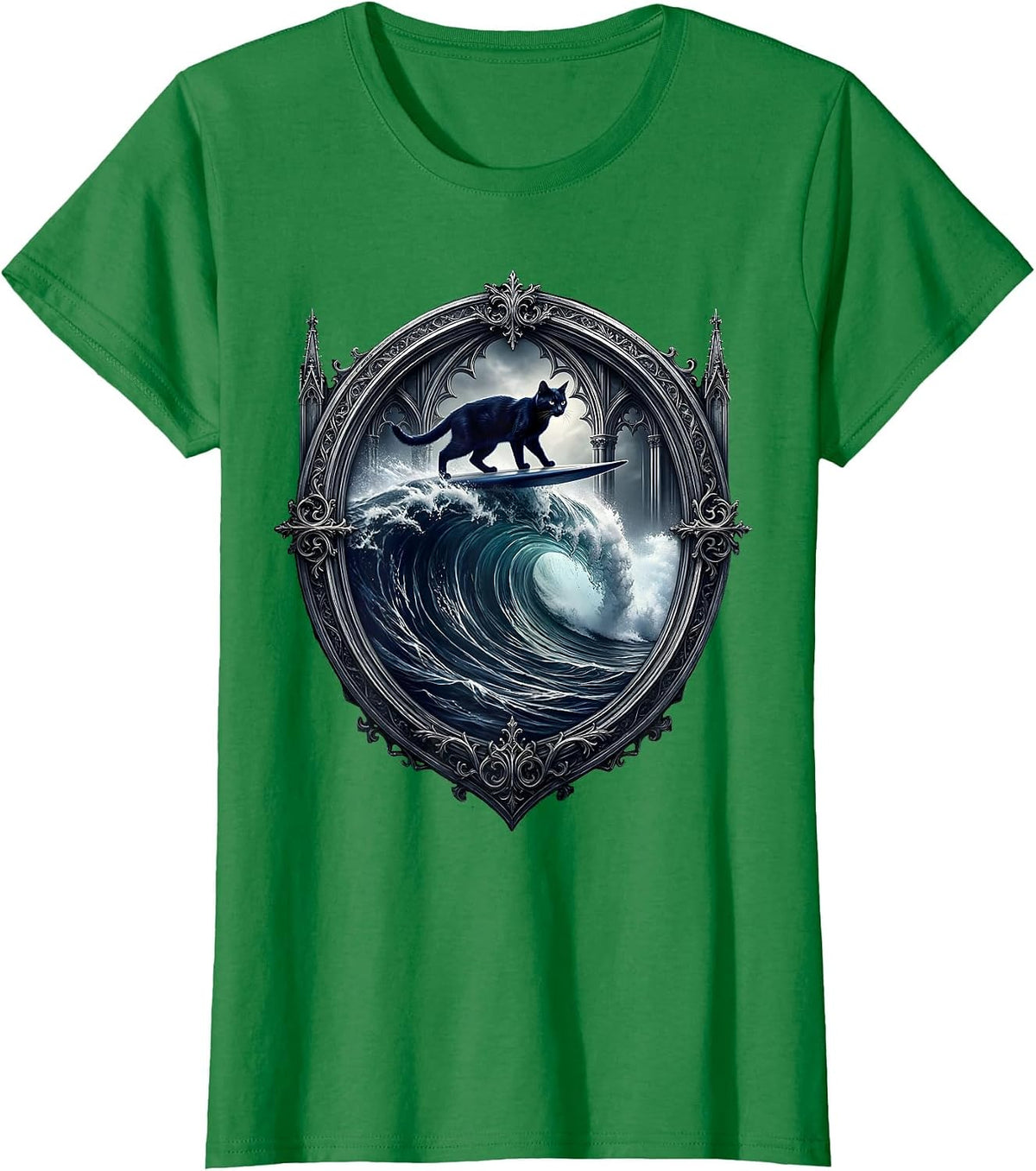 Cat Surfing Ocean Wave Illustration T-Shirt - Kelly Green