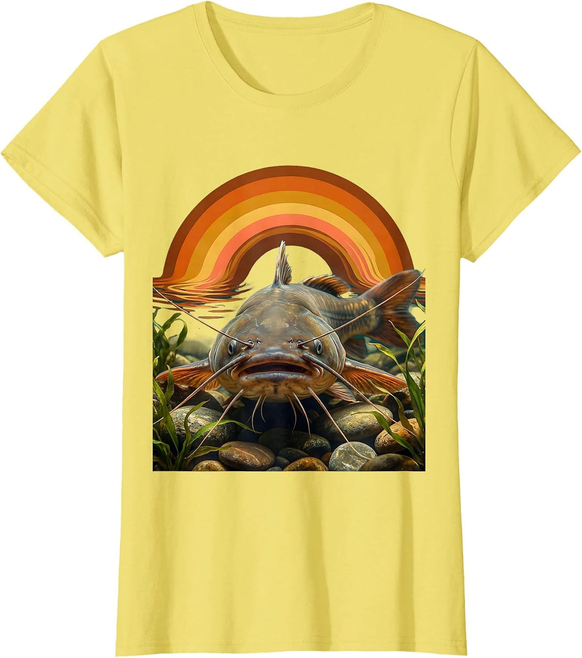 Women's Catfish Long Whiskers Riverbed Fishing Graphic T-Shirt - Lemon Yellow