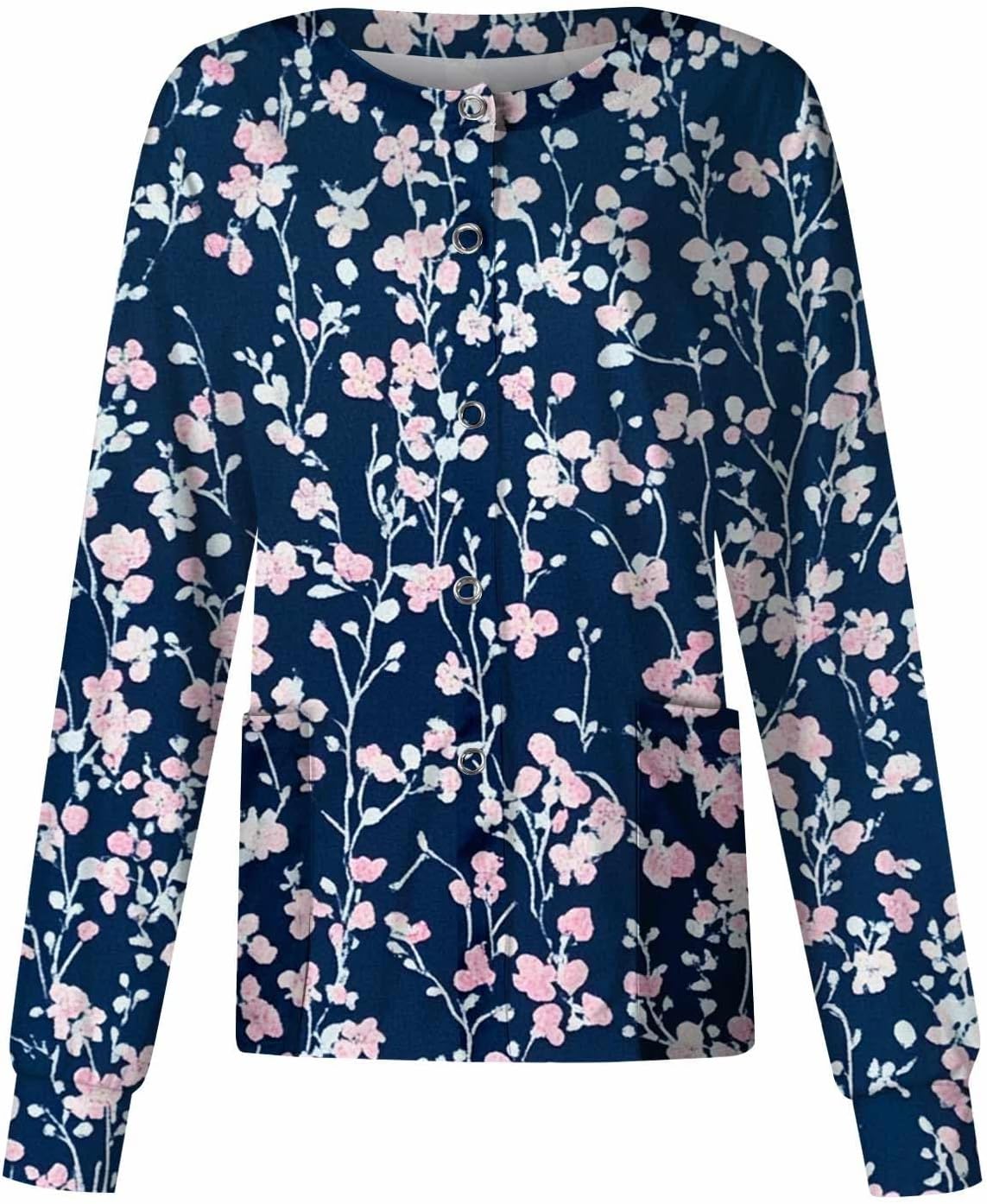 Scrub Jackets for Woman Printed Nursing Scrubs Jacket Long Sleeve Pattern Stretch Medical Work Uniform with Pocket - 05-dark