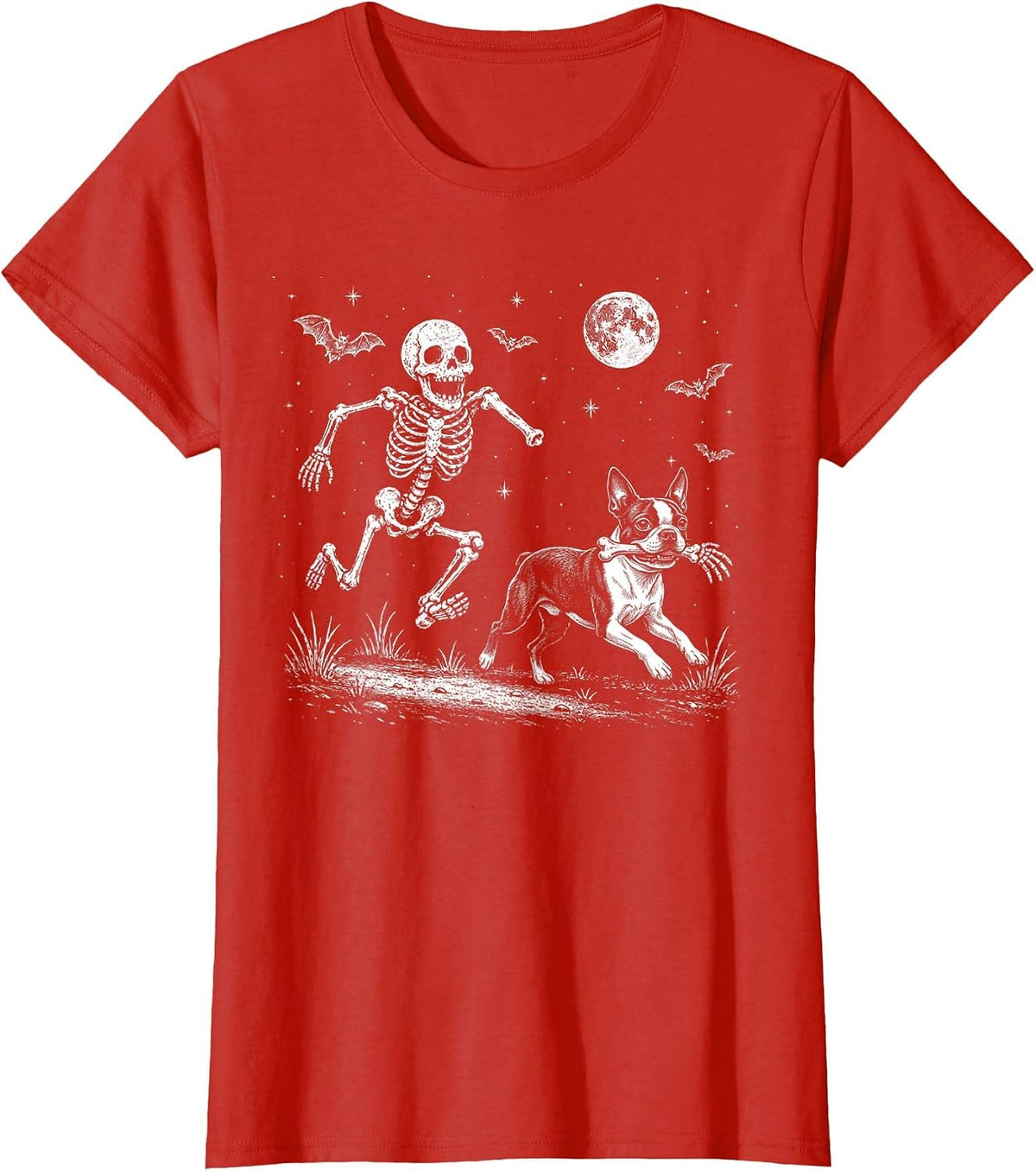 Funny Skeleton Chasing Boston Terrier Halloween Dog Mom Pet T-Shirt - Red