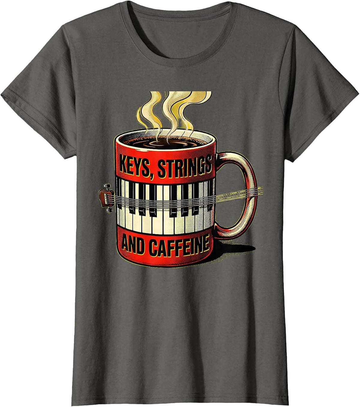 Women's Keys, Strings, and Caffeine Music Teacher Design T-Shirt - Asphalt Grey