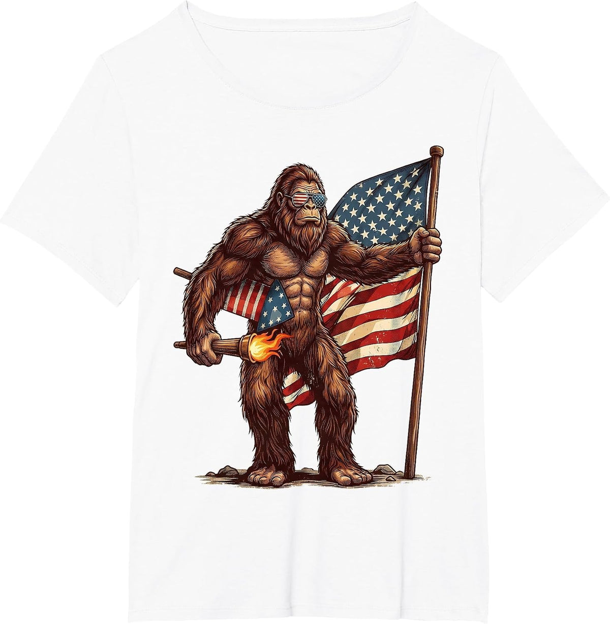 Bigfoot 4th of July Men Fireworks Sasquatch American Flag T-Shirt - White