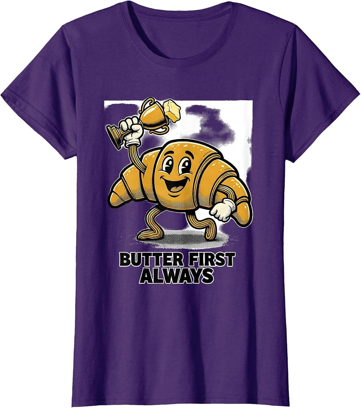 Women's Butter First, Always Retro Cartoon French Croissant Bakery T-Shirt - Purple