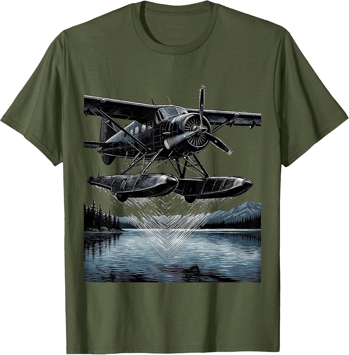 Alaska Float Plane Glassy Lake Landing Illustration T-Shirt - Olive Green