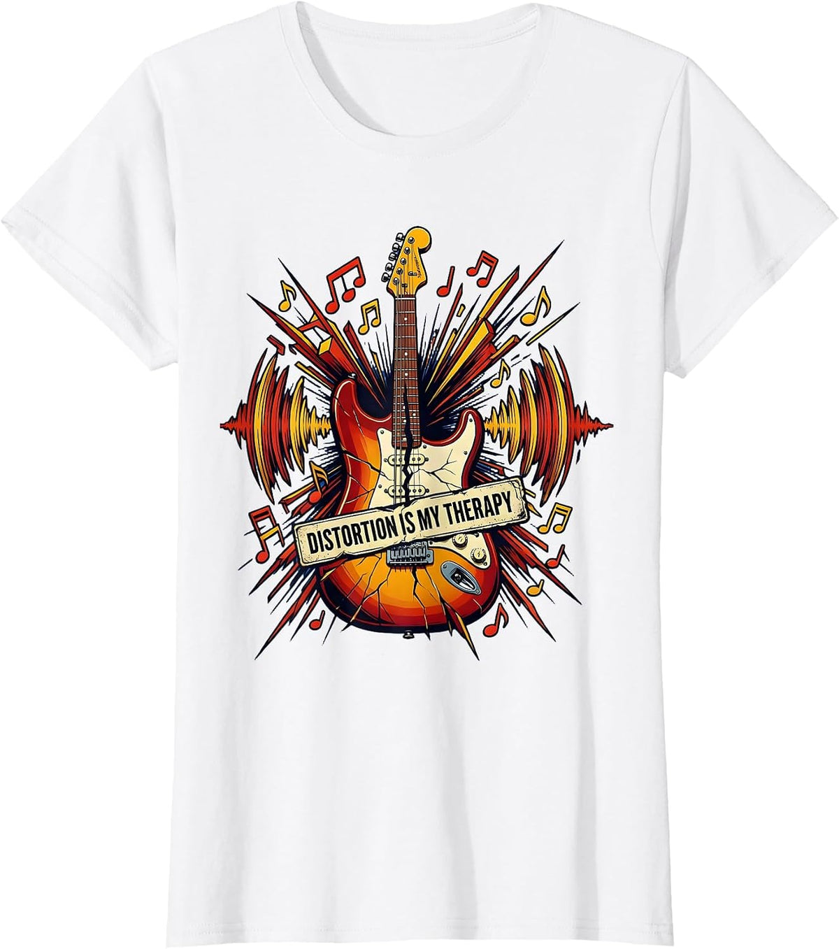 Distortion Is My Therapy Rock Band Guitar Design T-Shirt - White