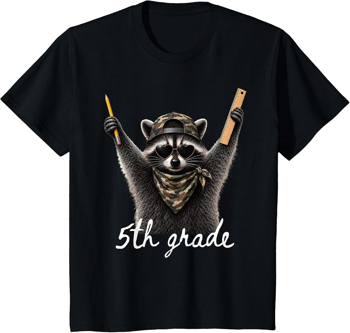 Fifth 5th Grade Raccoon Sunglasses First Day Back to School T-Shirt - Black