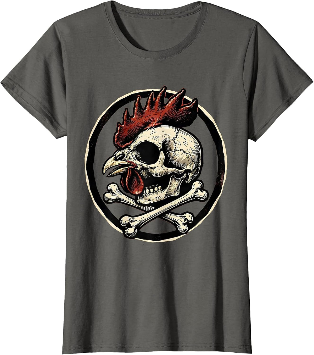 Women's Rooster Skull Crossed Drumsticks Dark Art Design T-Shirt - Asphalt Grey