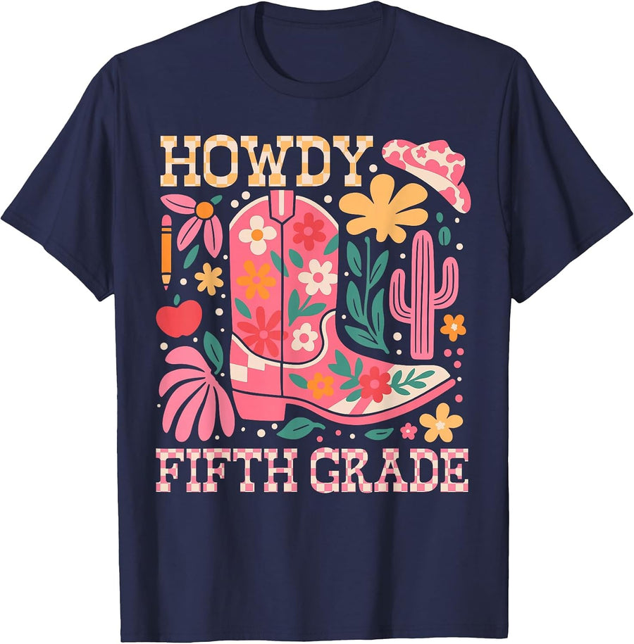 Howdy Fifth 5th Grade Cowgirls Teacher Back to School T-Shirt - Navy Blue