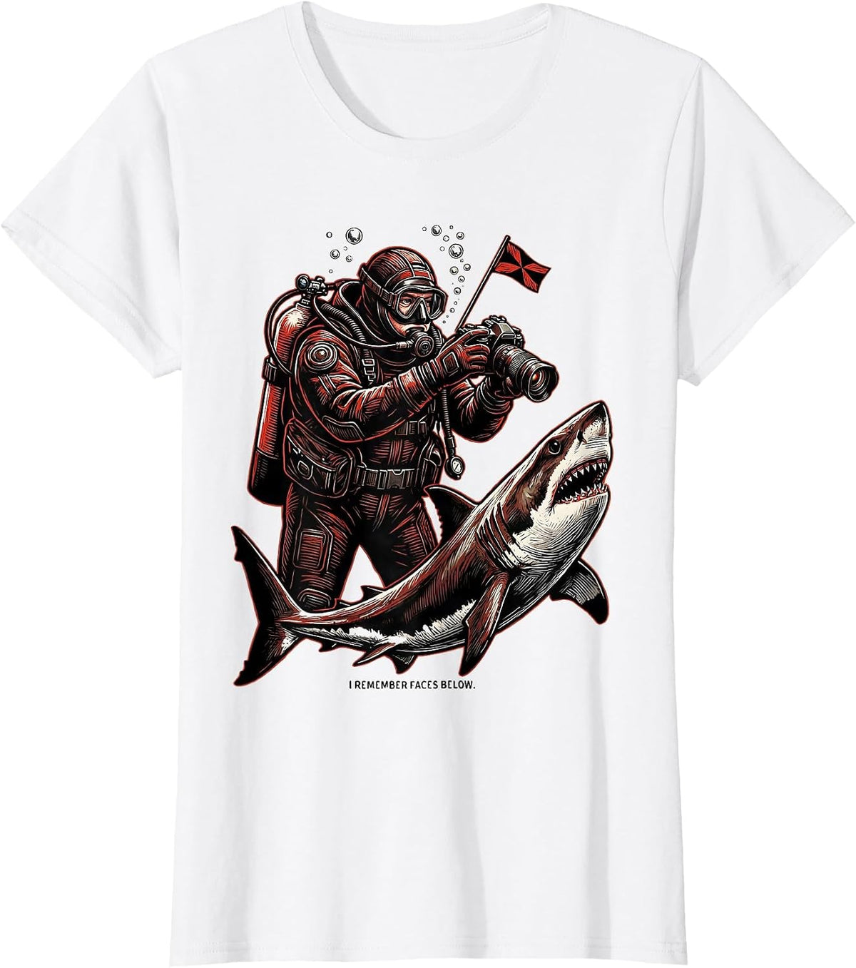 Women's I Remember Faces Below Linocut Scuba Diver Gift Christmas T-Shirt - White