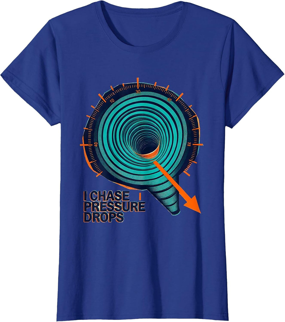 Women's I Chase Pressure Drops Risograph Tornado Chaser Meteorology T-Shirt - Royal Blue