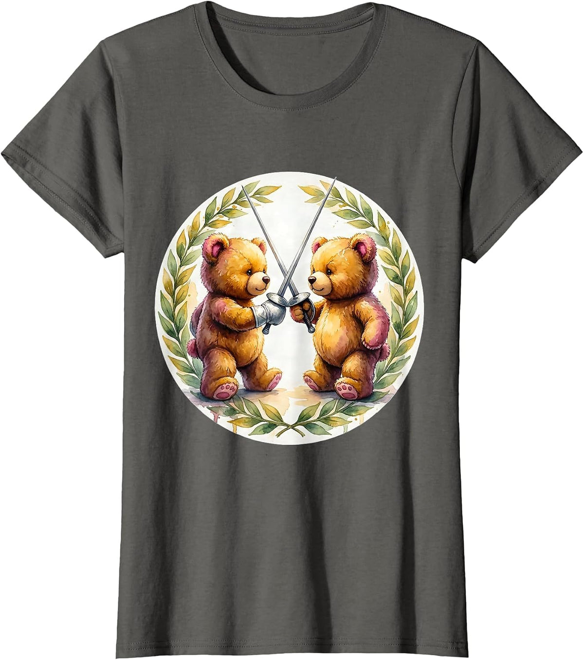 Women's Teddy Bears Fencing Duel Graphic Tee T-Shirt - Asphalt Grey
