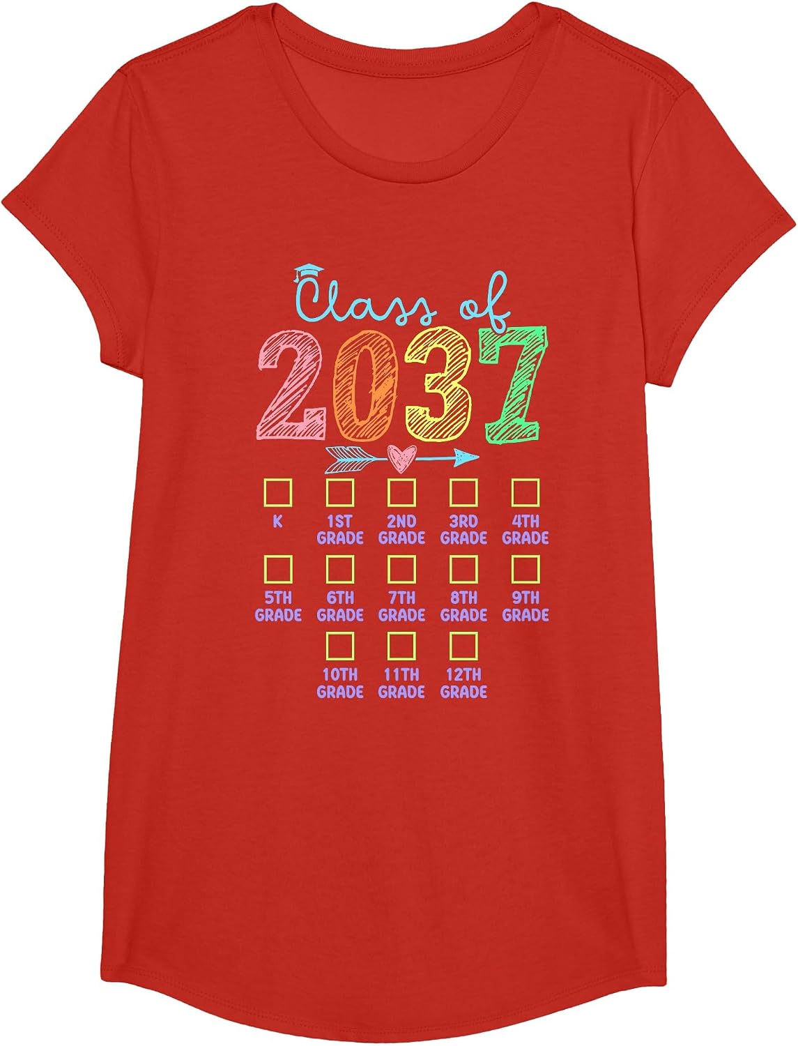Class of 2037 Grow with Me Handprint Checklist K-12th Grade T-Shirt - Girls Red