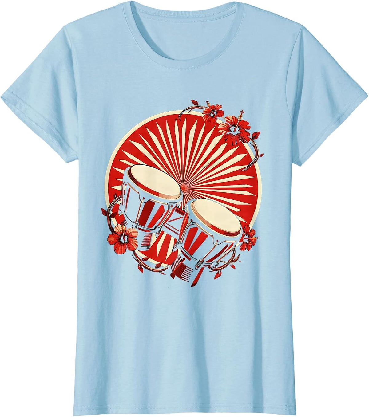 Women's Cuba Bongo Drums Tropical Hibiscus Floral Art T-Shirt - Baby Blue