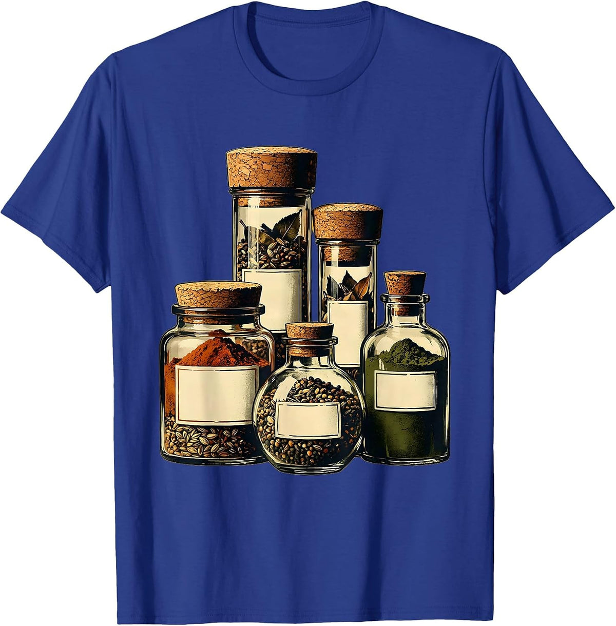Men's Hand-Drawn Spice Bottles Row Chef Graphic T-Shirt - Royal Blue