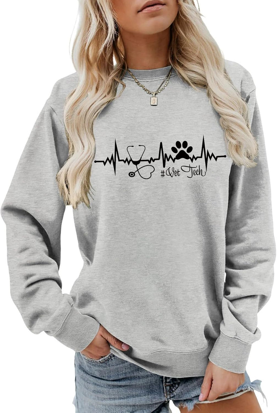 Veterinary Technician Sweatshirt for Women Vet Tech Crewneck Pullover for Veterinary Student Long Sleeve Shirts - Gray