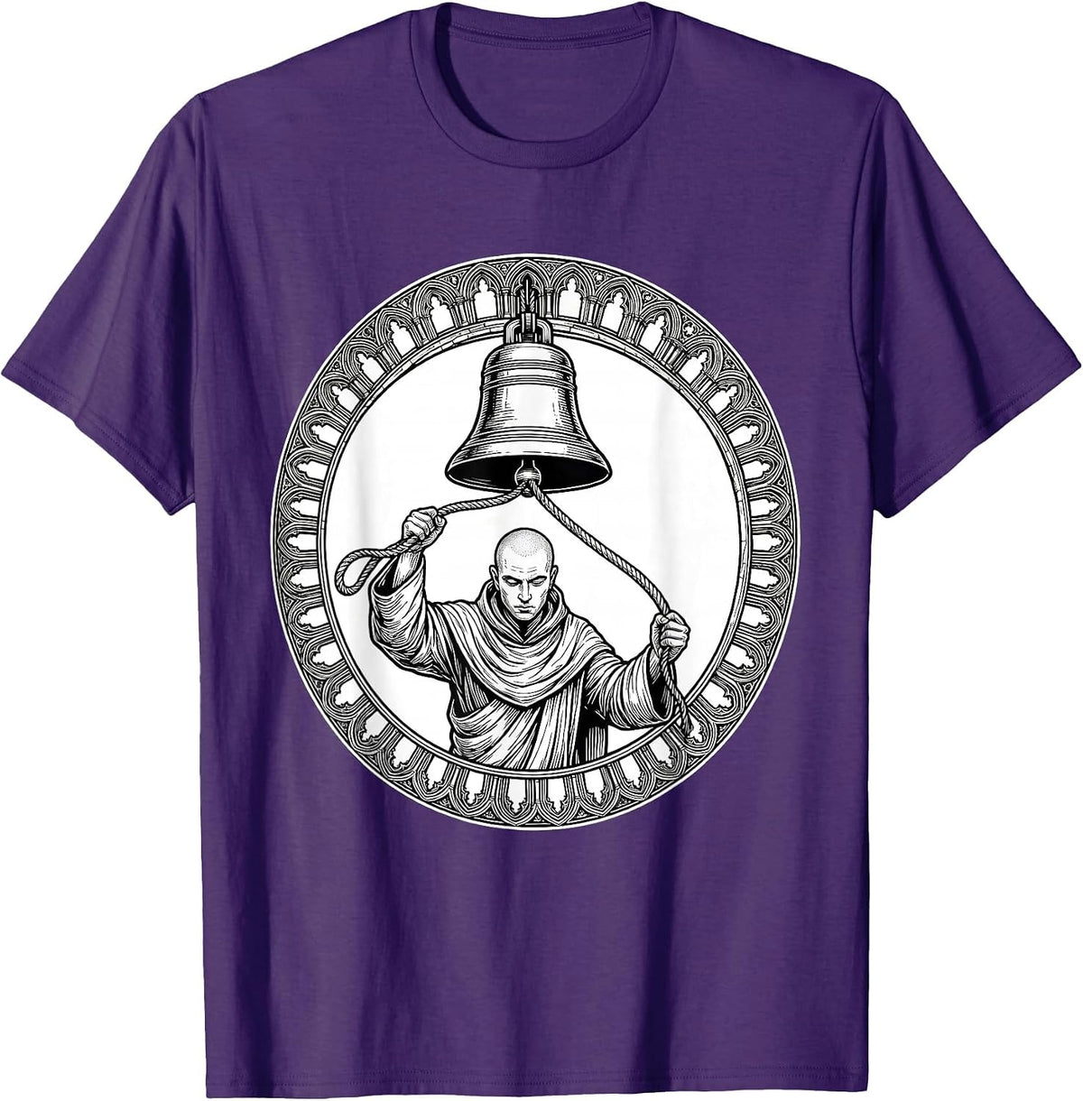 Men's Monk Ringing Bell Tower Clergy Illustration T-Shirt - Purple