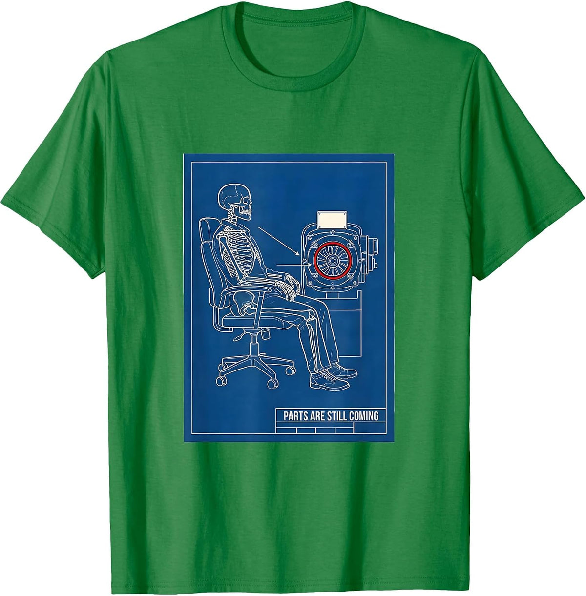 Men's PARTS ARE STILL COMING Technical Blueprint Mechanic Skeleton T-Shirt - Kelly Green