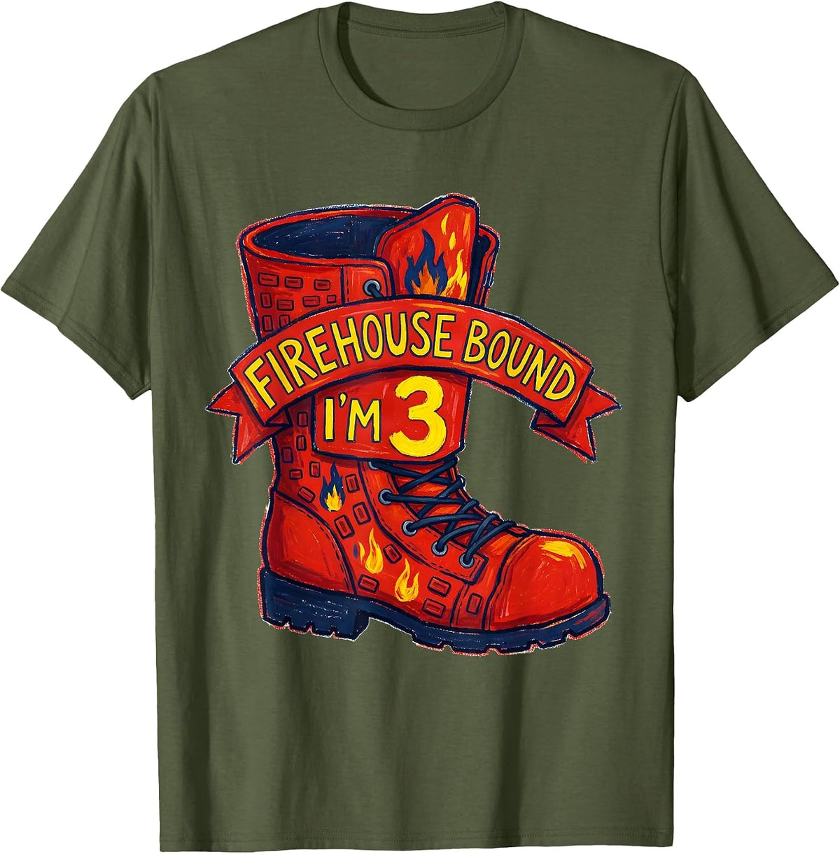 Men's Firehouse Bound, I'm 3 Naive Kidcore Firefighter Birthday T-Shirt - Olive Green