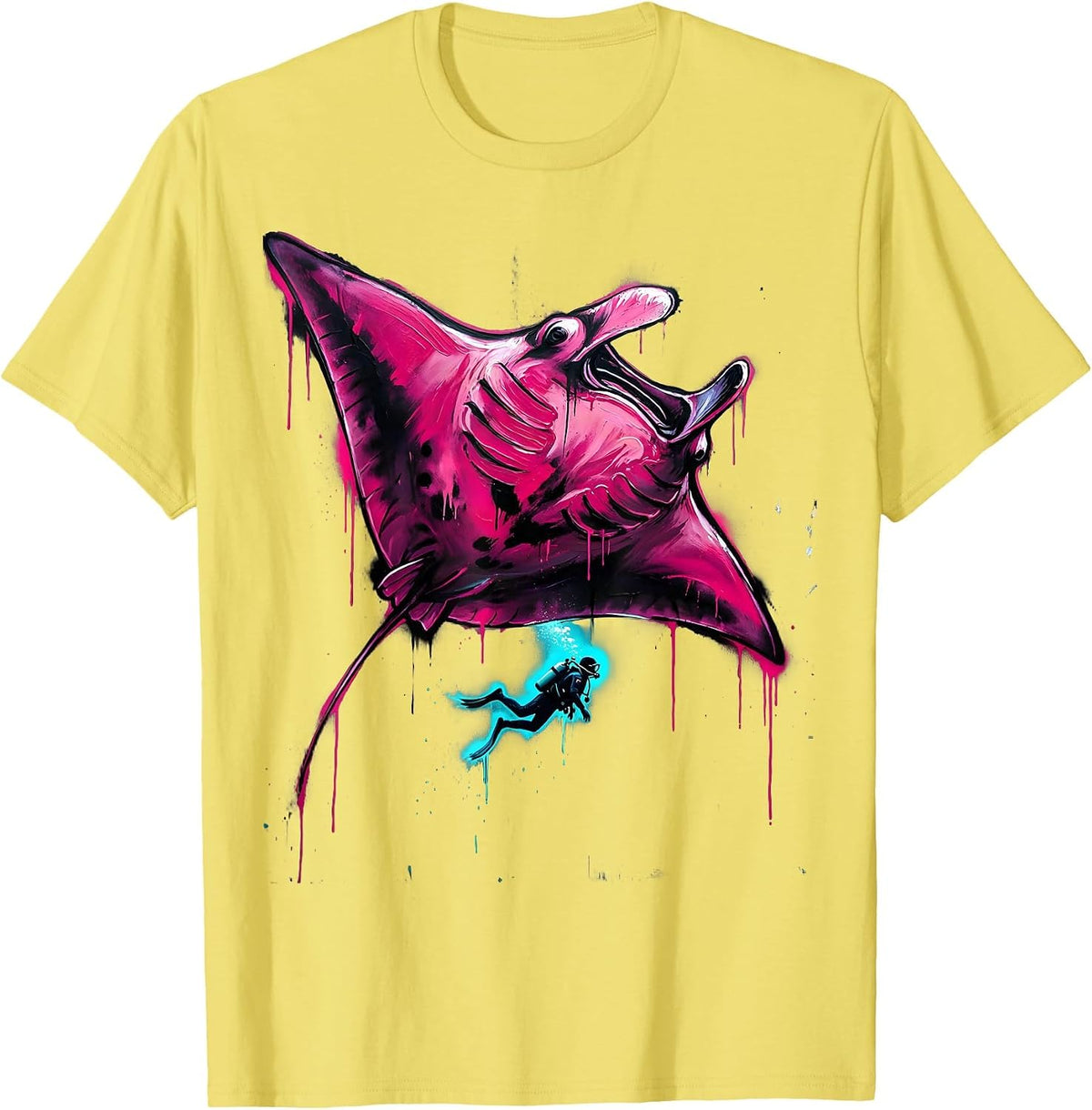 Men's Scuba Diver and Manta Ray Ocean Freedom Design T-Shirt - Lemon Yellow
