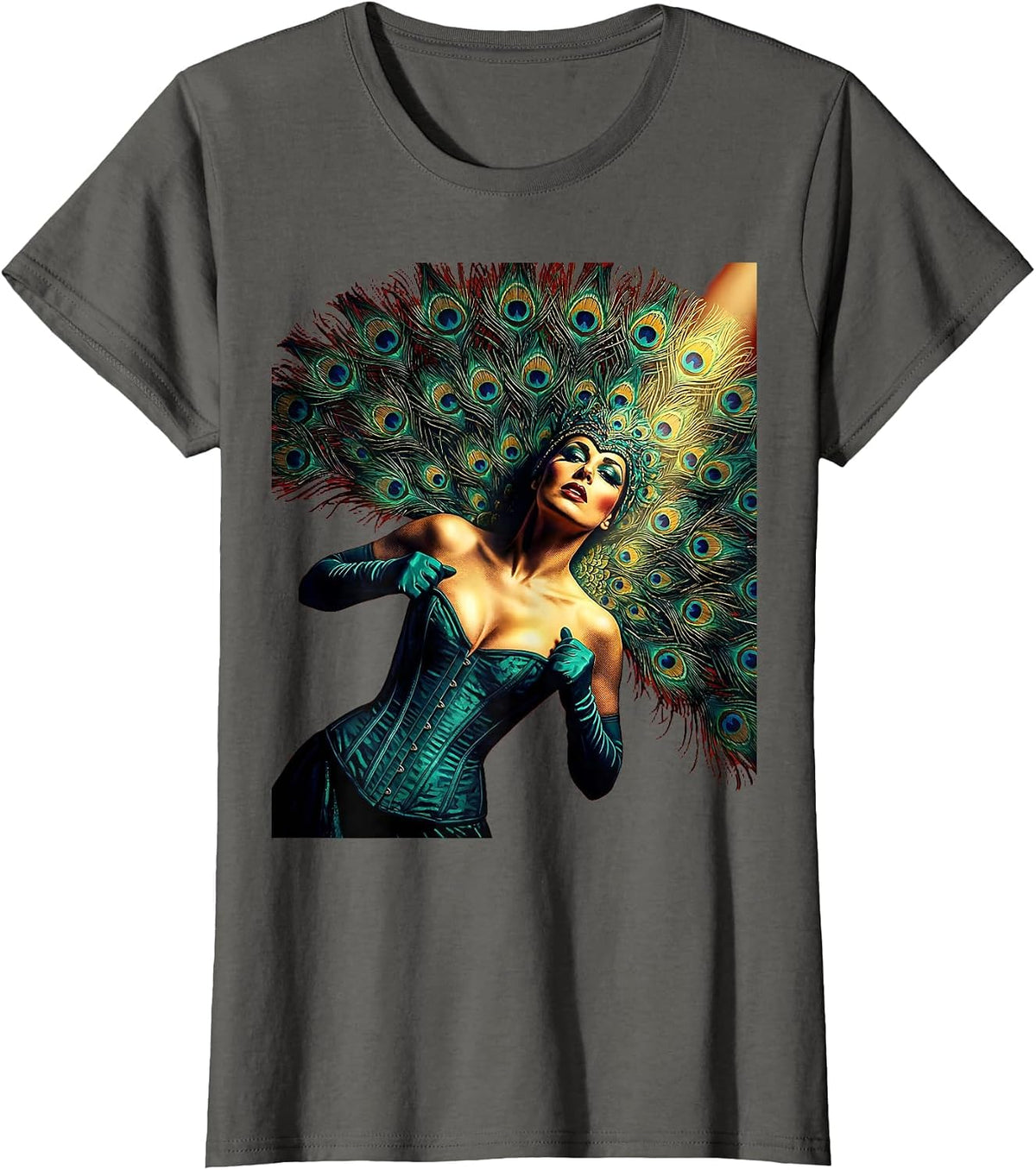 Women's Showgirl Peacock Feather Corset Illustration T-Shirt - Asphalt Grey