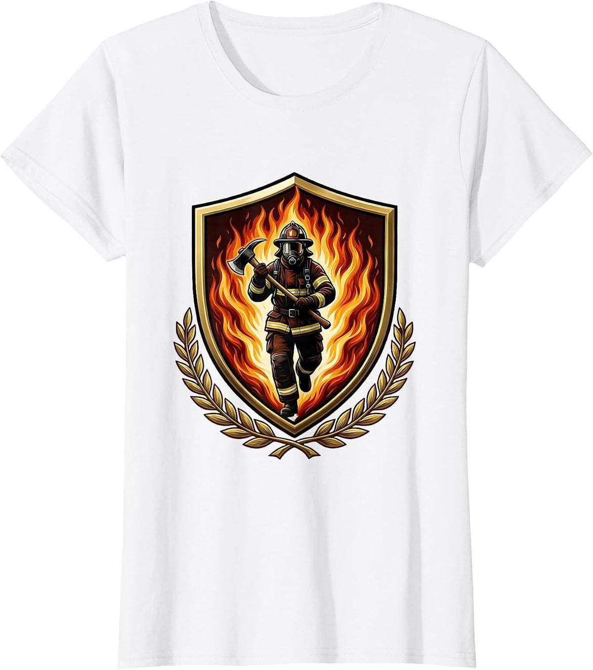 Women's Firefighter Silhouette Emerging From Wall of Flames T-Shirt - White