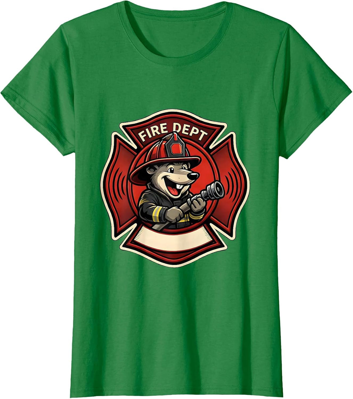 Women's Fire Dept Cheerful Mole Firefighter Mascot Logo Humor T-Shirt - Kelly Green