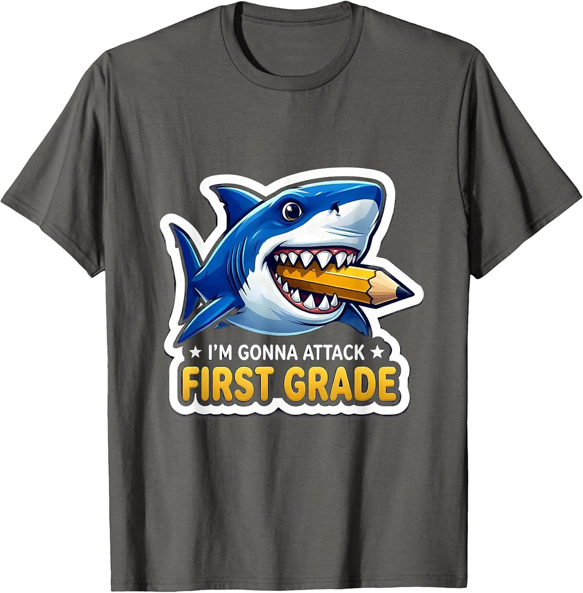 Men's I'm Gonna Attack First Grade Funny Shark Boys Back to School T-Shirt - Asphalt Grey