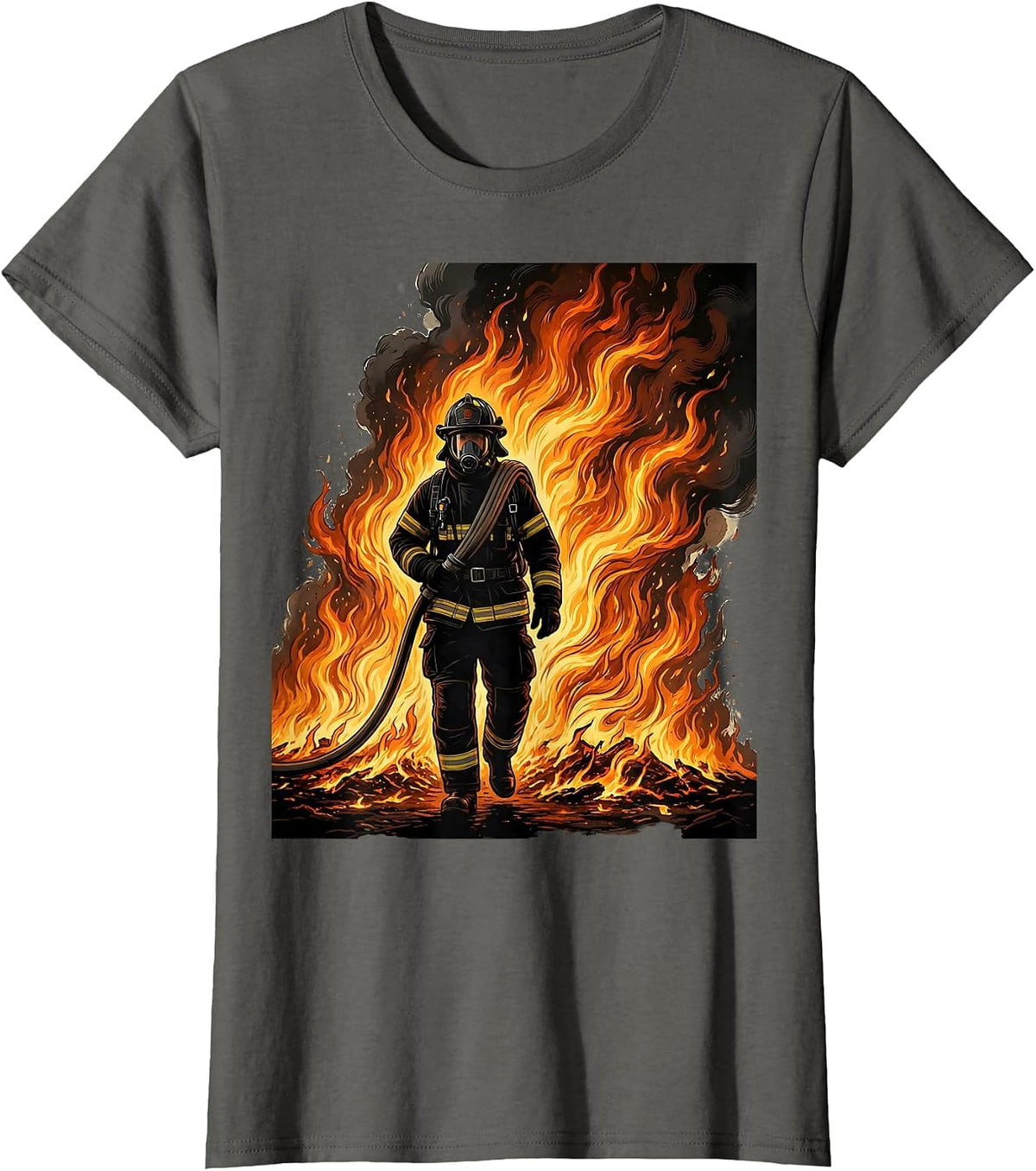 Women's Firefighter Silhouette Through Flames Graphic T-Shirt - Asphalt Grey