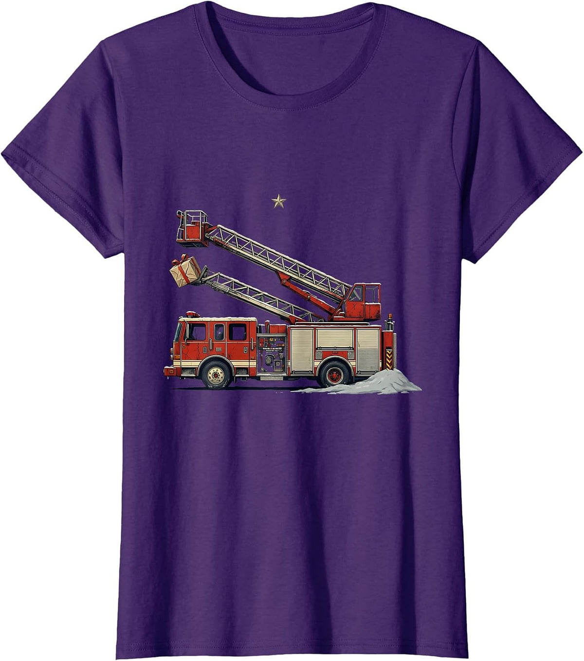 Women's Fire Engine Ladder Rescue Distressed Firefighter Christmas T-Shirt - Purple
