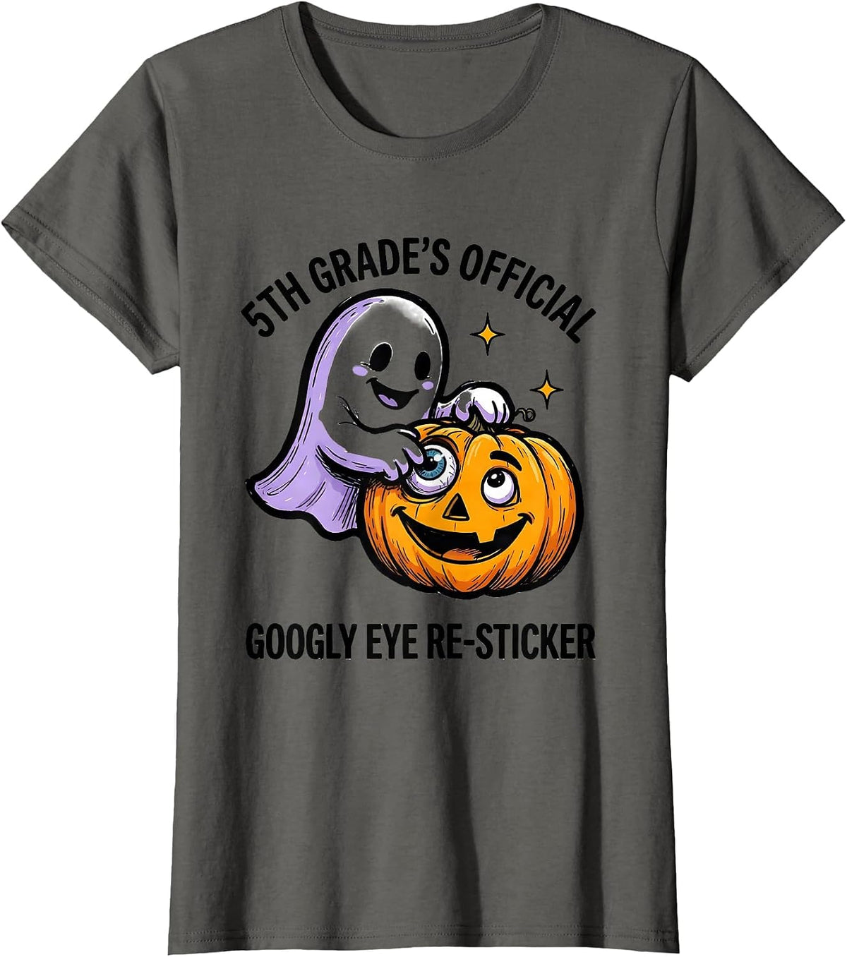Women's 5th Grade's Official Googly Eye Re-Sticker Halloween Teacher T-Shirt - Asphalt Grey
