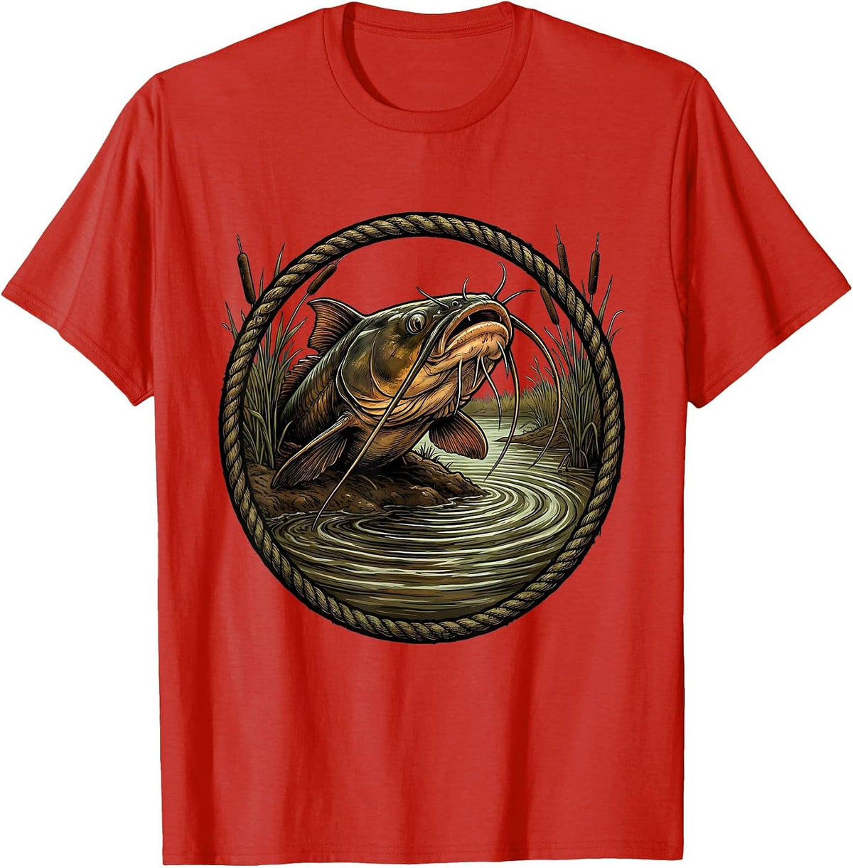 Men's Catfish Whiskers Muddy Riverbank Fishing Graphic T-Shirt - Red