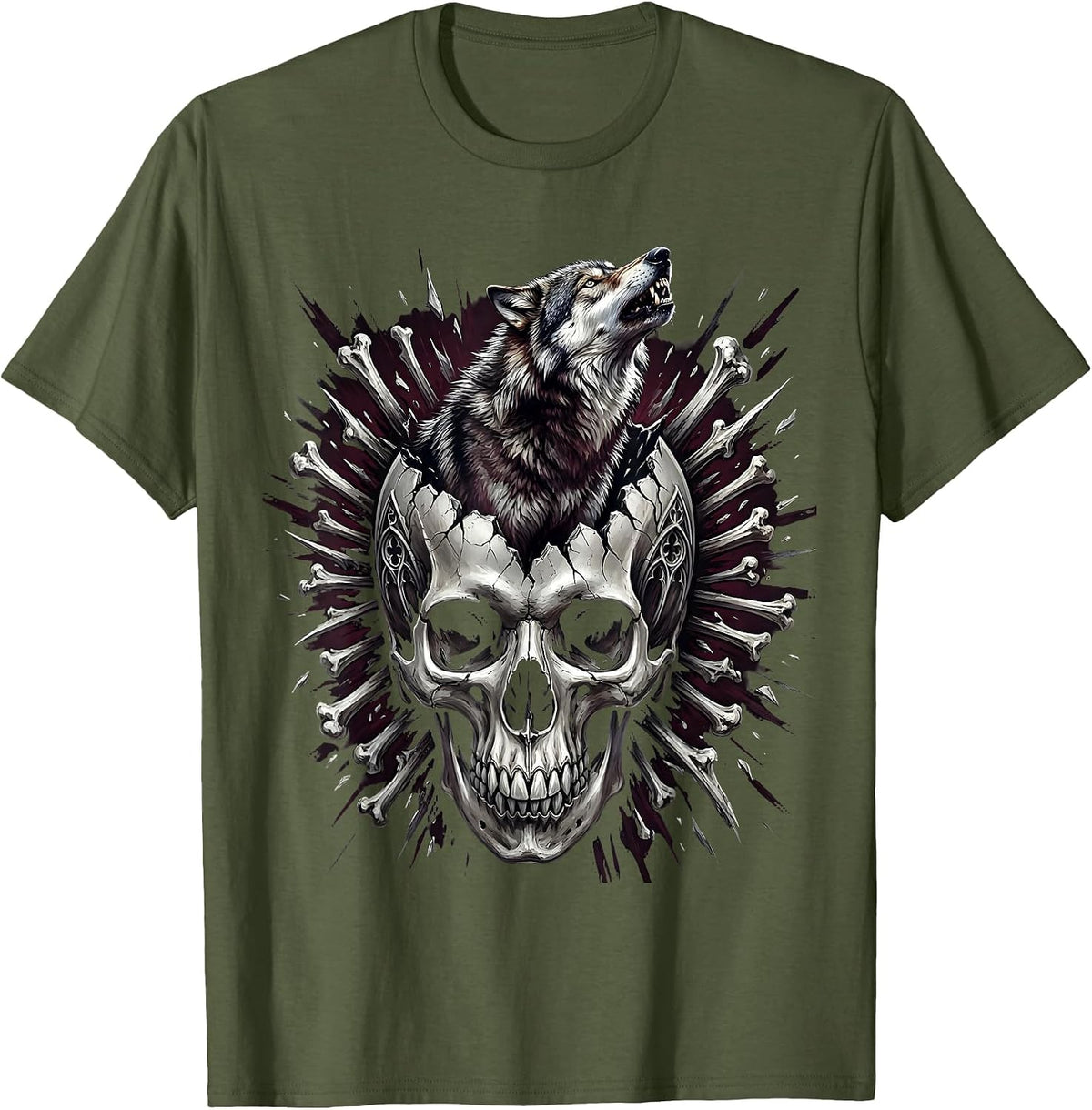 Wolf Howling Through Cracked Skull Goth Design T-Shirt - Olive Green
